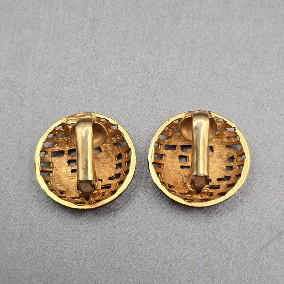 VTG Mesh Dome Clip-On Earrings .75" Blue & White Enamel Gold Plated Corocraft? - Picture 3 of 5